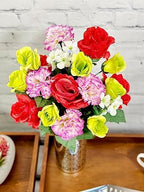 Admired By Nature 24 Stem Artificial Flowers Roses Carnation Blossom Mixed Bush Spring Faux Flower Indoor Wedding Home Decor, Cemetery Decorations for Grave, Red, Kiwi, Lavender - Image 2