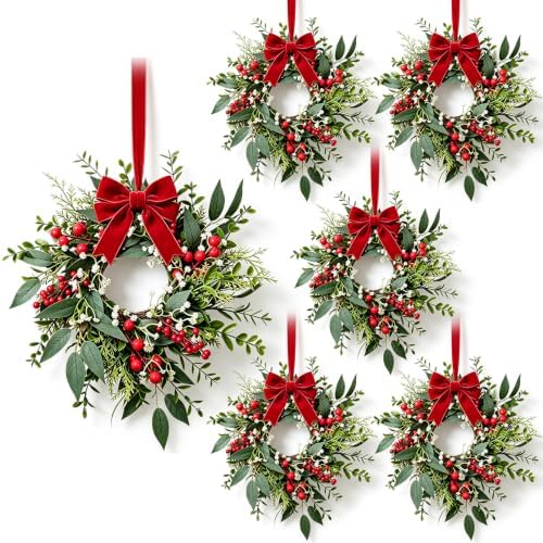 6 Pcs Mini Christmas Wreaths for Cabinets 9" Christmas Kitchen Cabinet with Burgundy Red Berry Eucalyptus Leaves Bow for Indoor Outdoor Farmhouse Home Wall Window Festival Wedding Decor by Unknown