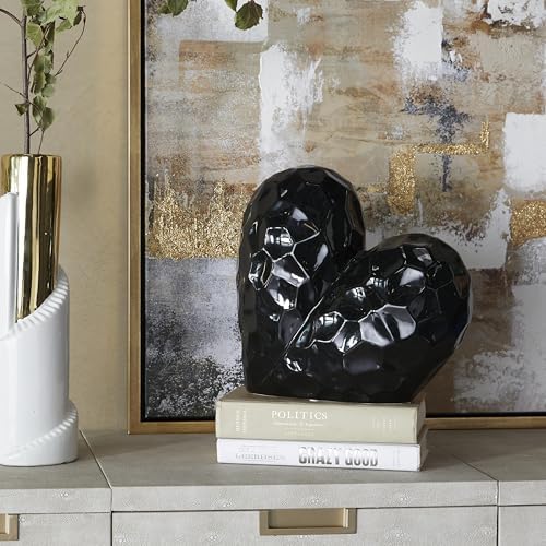 Deco 79 Porcelain Ceramic Heart Decorative Sculpture Dimensional Angled Origami Inspired Home Decor Statue, Accent Figurine 12" x 6" x 11", Black - Image 5