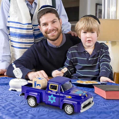 Hanukkah Tiered Tray Decor Vintage Mini Metal Truck with Wood Dreidel Blue Festive Jewish for Farmhouse Shelf Coffee Table Home Kitchen Table Decorations - Image 4