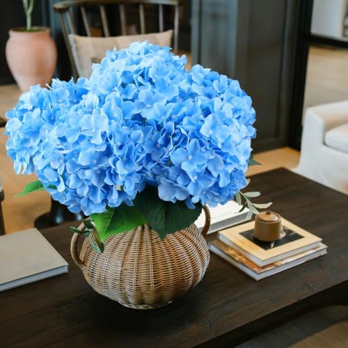 6PCS Large Silk Hydrangea Flowers, 20 in Full Huge Bloom Faux Hydrangea Artificial Flowers with Stems Leaves for Fake Bouquets Home Wedding Party Birthday Centerpieces Baby Shower (Blue) - Image 5