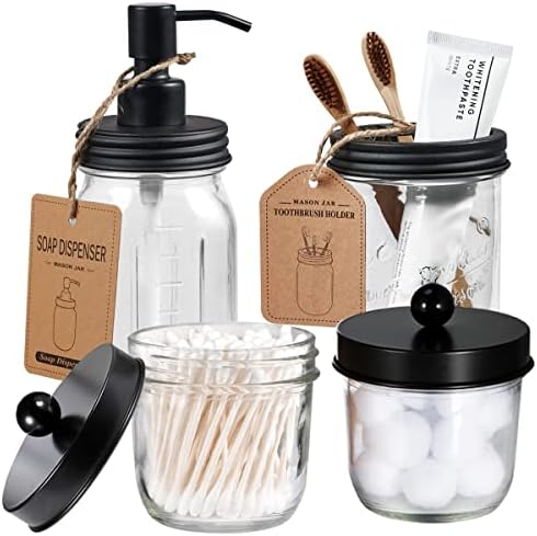 Amolliar Mason Jar Bathroom Accessories Set, 4Pcs Glass Bathroom Set, Black by Amolliar