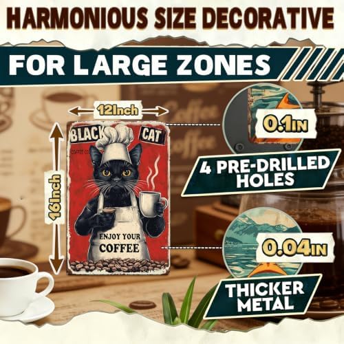 Metal Signs Black Cat Coffee Company Enjoy Your Coffee Sign Funny Vintage Tin Sign Sign Retro Wall Decor For Home Kitchen Office Farmhouse Yard Garden Shop Cafe Poster 12x16 Inch - Image 2