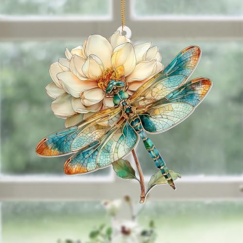 Dragonfly Ornament Stained Glass Style – Acrylic Window Hanging Suncatcher with Flower, Dragonfly Gifts for Women, Christmas Tree Ornament, Whimsical Home & Garden Décor(Sun-21) - Image 7