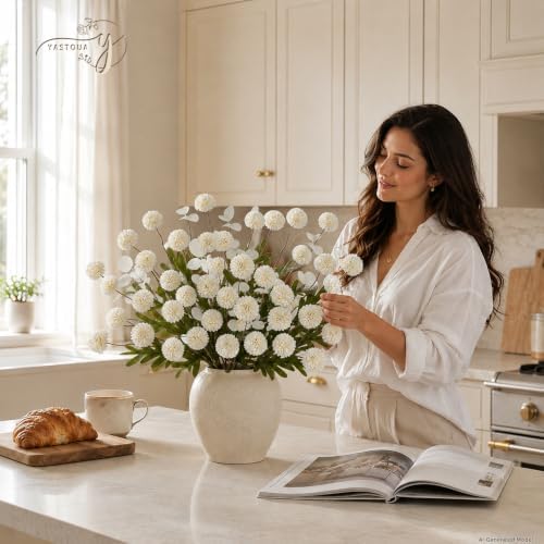 12Pcs White Faux Silk Mums Artificial Flowers Bulk with Eucalyptus Stems - Image 7