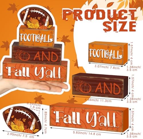 4 Pcs Fall Football Table Decor Football Wooden Blocks Signs with Sayings - Image 2
