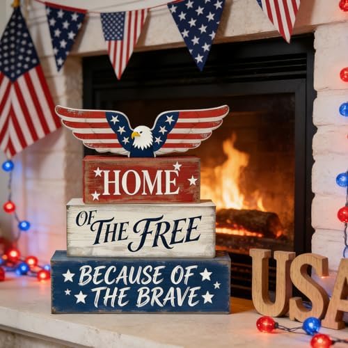 4th of July Table Decorations Patriotic Memorial Day Tiered Tray Decor Wooden Eagle Block Signs Independence Farmhouse 250th July Fouth Centerpiece for Tables Wooden Sign for Home Decor - Image 5