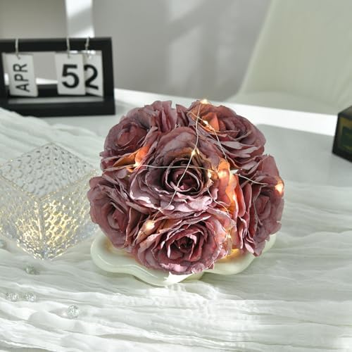 Silk Roses in Glass Vase with LED, Low Centerpiece for Table, Plum Purple - Image 3