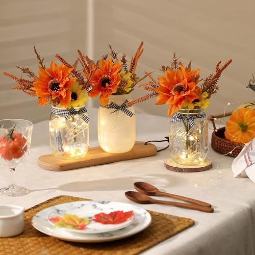 Fall Mason Jar Centerpiece for Table with LED Lights & Artificial Flowers - Image 5