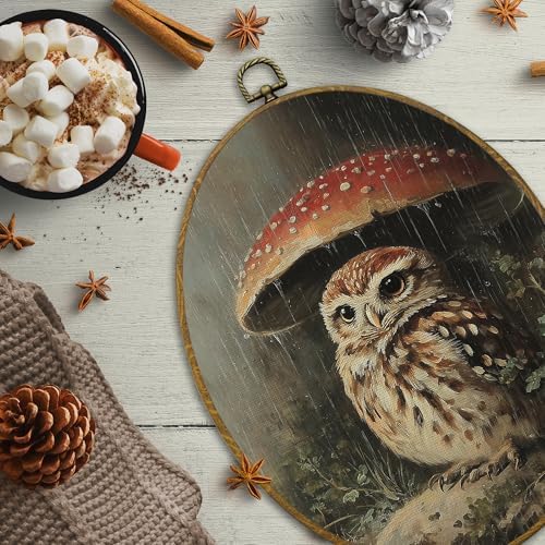 CUANFDDSF Owl Mushroom Nature Aesthetic Oval Wall Art Decor, Rustic Cottagecore Woodland Nursery Wall Hanging Decor, Dark Academia Wild Animal Framed Canvas Prints for Gallery Bedroom, 8.6x11.4 Inch - Image 5