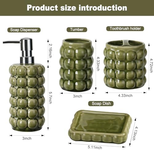 4 Piece Ceramic Bathroom Accessories Set –Soap Dispenser,Toothbrush Holder,Tumbler & Soap Dish,Includes Silicone Funnel,Non-Slip,Modern Farmhouse Countertop Organizer Set for Bathroom Decor, Green - Image 3