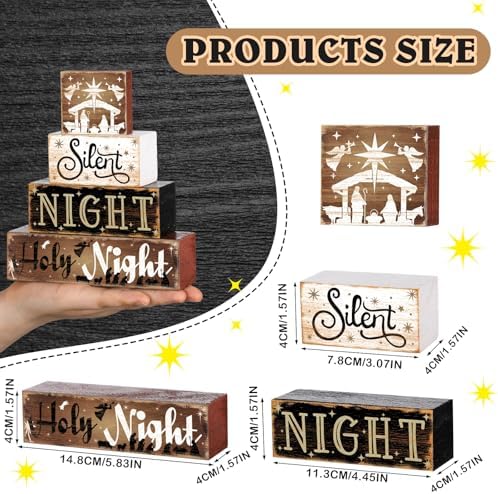 Moucuny 4 Pcs Christmas Wooden Signs Holy Night Farmhouse Table Decor - Image 2