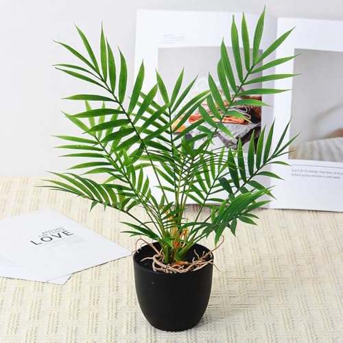 Artificial Parlor Palm Plant, Realistic Faux Tropical Greenery Stem Small Potted Fake Areca Palm Leaves Mini Palm Tree for Vase Fill, Home Office Decor, Indoor Garden Wedding Event Decoration 1 Pack - Image 2