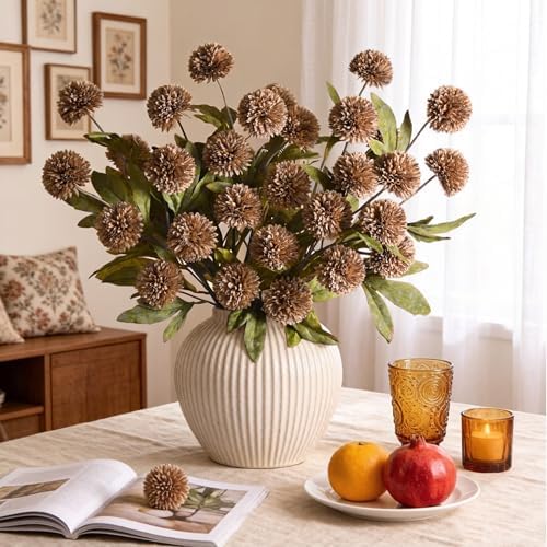 Waipfaru 6 Pcs Artificial Pompon Mums Faux Flowers for Vase, 27" Bulk Long Floral Fake Chrysanth Branches with Stems Vase Filler for DIY Bouquet Centerpieces, Indoor Home Decorations, No vase, Brown - Image 7