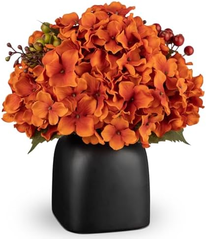 Briful Autumn Hydrangea Artificial Flowers in Black Square Ceramic Pot, Burnt Orange Silk Hydrangea Flowers Realistic Potted Fake Flowers with Berries for Home Decor Indoor Wedding Table Centerpieces by Briful