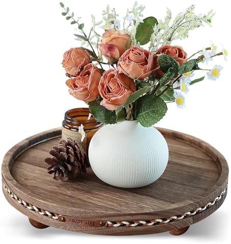 Round Wooden Decorative Tray Coffee Table Tray Home Decor 11.8"Strip Rustic by Unknown