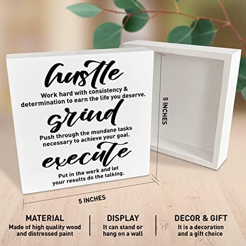 Inspirational Wooden Box Sign, Hustle Grind Execute, Inspirational Home Office Desk Decor, Motivational School Classroom Decoration, Positive Gifts for Women Men Coworkers Student 5 inches*5 inches - Image 2