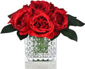Artificial Peony Silk Flower Centerpieces Faux Floral Arrangement in Glass Vase for Home Wedding Table Decoration (Red) by GreenHouzz