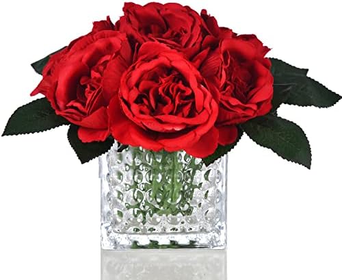 Artificial Peony Silk Flower Centerpieces Faux Floral Arrangement in Glass Vase for Home Wedding Table Decoration (Red) by GreenHouzz