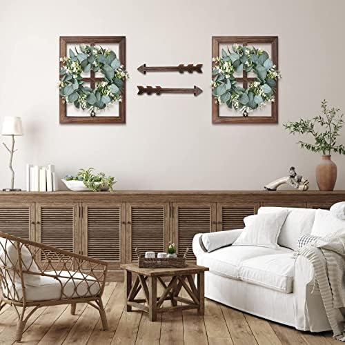 WAKOSAN Rustic Wood Window Frame Wall Decor with Wreath & Arrows, Set of 2 - Image 6
