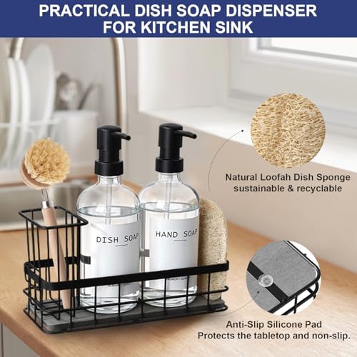 Dish Soap Dispenser for Kitchen, 16.9 fl oz Clear Hand and Dish Soap Dispensers, Kitchen Soap Dispenser Set with Sponge Holder, Brush Holder and Loofah Sponge, Countertop Sink Organizer Accessories - Image 6