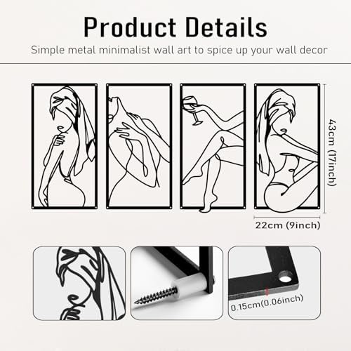 Bakovity Black Metal Bathroom Wall Art, Minimalist Woman Line Wall Decor, Metal Wall Decor for Bathroom Bedroom Living Room (4 Pcs,17 x 9 in) - Image 3