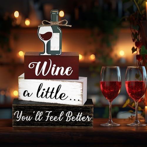 Marsui 4 Pcs Wine Decorations Wooden Farmhouse Wine Bar Sign for Kitchen - Image 5