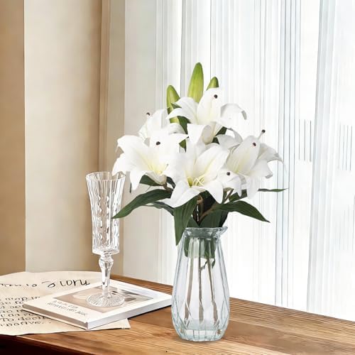 Garvee Faux Lily Flowers with Vase, 6 Heads Full Bloom Lily & 3 Buds, Long Stem Artificial Stargazer Lilies, Faux Tiger Bouquets in Glass Vase for Home Hotel Flower Arrangement Party Decor, White by Garvee