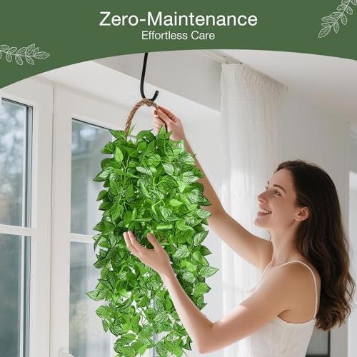 Artificial Watermelon Pattern Vines 4 Pack, 40" Fake Hanging Plants for Wall Decor Indoor, Unique Pattern Leaf Vines for Bookshelf Boho Living Room Bedroom Decor - Image 5