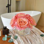 Silk Roses in Glass Vase with LED, Low Centerpiece for Table, Coral Pink - Image 3