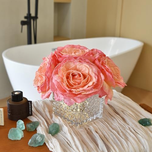 Silk Roses in Glass Vase with LED, Low Centerpiece for Table, Coral Pink - Image 3