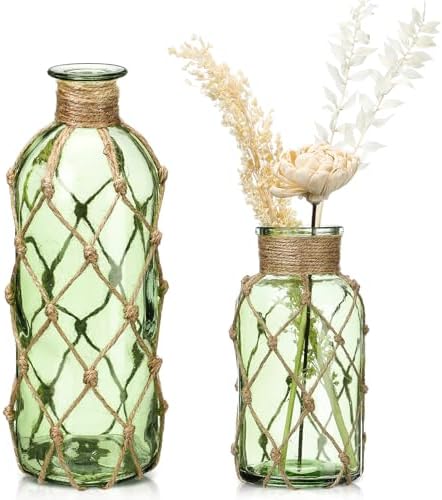 Chuangdi Set of 2 Coastal Glass Flower Vase with Boho Rope, Green by Chuangdi