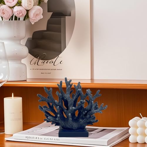 5.8" H Dark Blue Coral Decor - Resin Coral Statue, Nautical Decor for Home, Bedroom, Bathroom, Living Room, Ocean Themed Cabinet Shelf Tabletop Decoration - Image 5