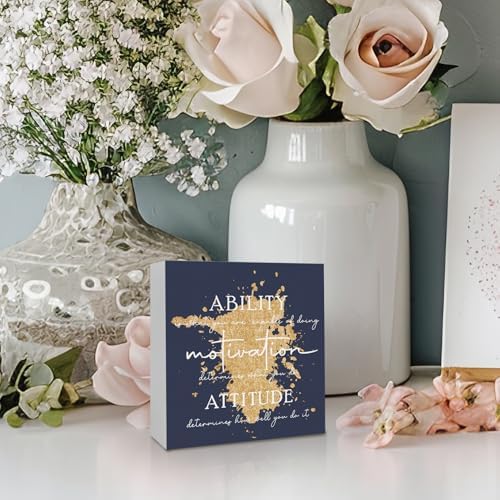 Blue and Gold Office Inspirational Wooden Box Sign Desk Decor, Ability Motivation Attitude Decorative Signs for Office Living Room，Inspirational Home Shelf Desk Decor 5x5 Inch - Image 5