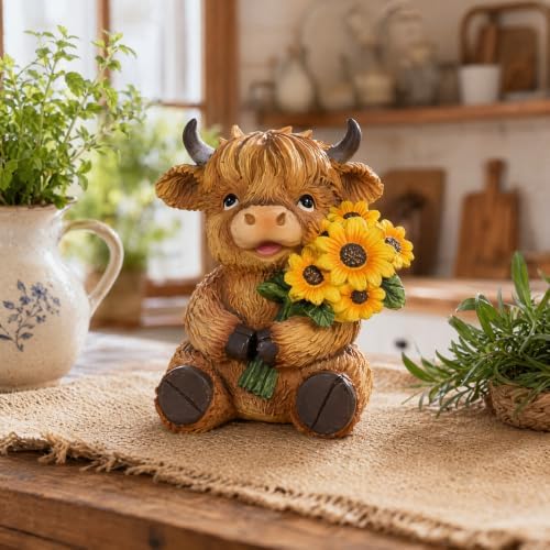 Highland Cow Figurine, Hand-Painted Resin Sunflower Highland Cow Decor, Rustic Farmhouse Decor, Cow Figurine for Kitchen Bookshelf Garden Patio Porch, Ideal Gift for Cow Lovers Women Kids by Unknown