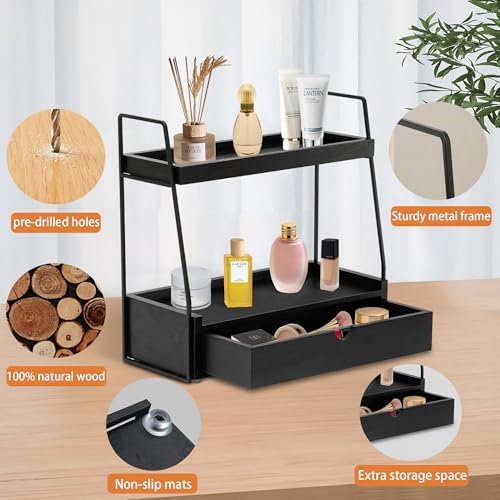 2-Tier Bathroom Countertop Organizer with Drawer, Wood Vanity Shelf Black - Image 5