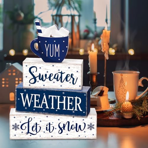 Marsui 4 Pcs Blue Winter Table Decorations Wooden Winter Tiered Tray Decor - Image 6