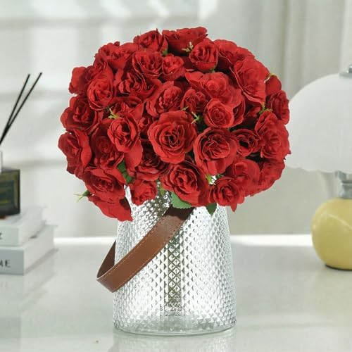Silk Roses Flower Bouquet 4 Bundles 60 Heads for Wedding Home, Red - Image 3