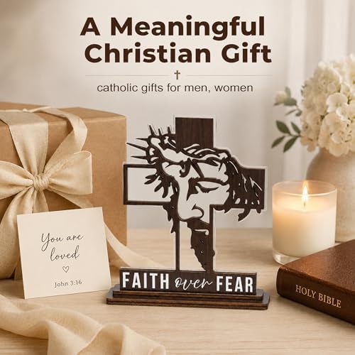 Christian Gifts for Men & Women, Faith Over Fear Wooden Cross Plaque Decor - Image 4