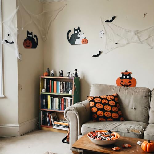 Lucky Merit Black Cat Halloween Decor, 3 Pcs Wooden Cat Pumpkin Decorations - Image 5