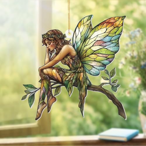 Stained Glass Fairy Ornament – Acrylic Suncatcher Window Hanging, Woodland Fantasy Decor, Christmas Tree Ornament 2026, Car Rearview Mirror Charm, Gift for Fairy Lovers, Women, Girls, Teachers(Sun-10) by ALADAYQUINQUITMeetallneeds