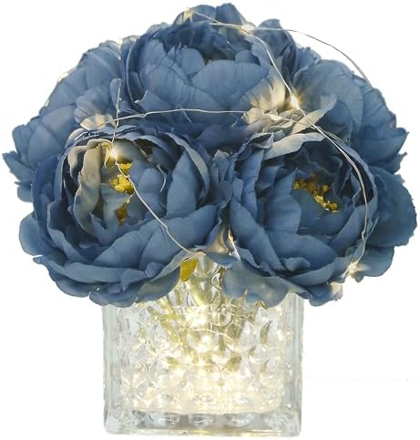 Artificial Peony Silk Flower Centerpieces with LED Light Faux Floral Arrangement in Glass Vase for Home Wedding Table Decoration (Dusty Blue) by GreenHouzz