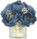 Artificial Peony Silk Flower Centerpieces with LED Light Faux Floral Arrangement in Glass Vase for Home Wedding Table Decoration (Dusty Blue) by GreenHouzz
