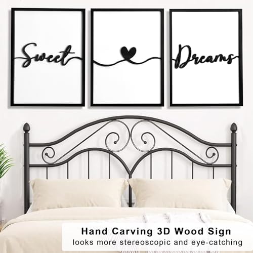 3D Wood Sweet Dreams Wall Decor Above Bed Decors, Bedroom Wall Art 36x16”, Black Wall Decor for Bedroom (12x16 inches, Set of 3, Framed) - Image 3