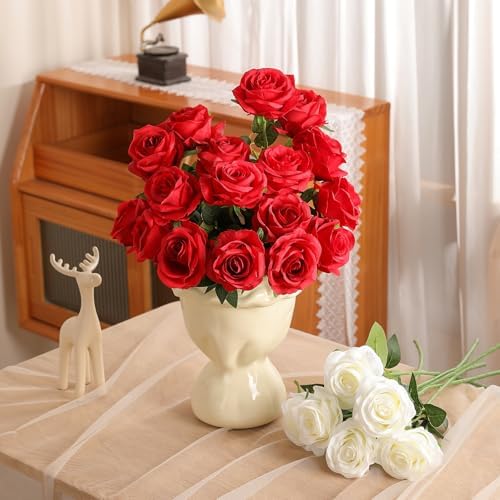 10pcs Red Roses Artificial Flowers, Realistic Faux Rose with Long Stem - Image 2