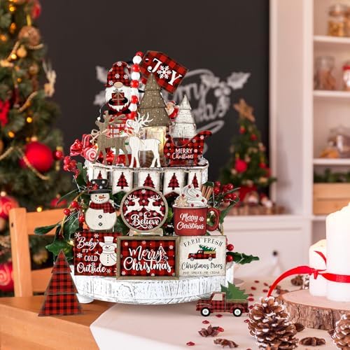 Shellwei 21 Pcs Christmas Tiered Tray Decor Set Plaid Christmas Table Sign - Image 2