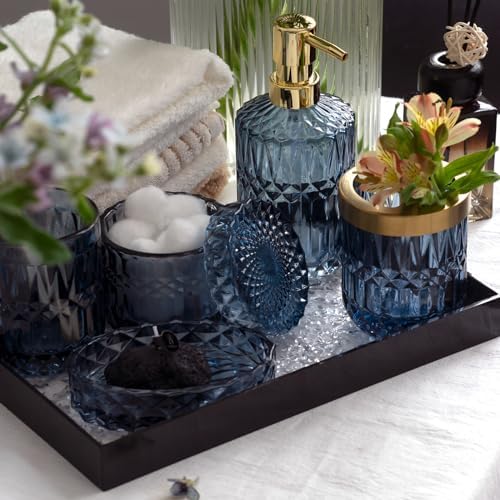 EMPO 6PCS Bathroom Clear Glass Accessories Set (Lotion Soap Dispenser, Soap Dish, Toothbrush Holder, Tumbler, Cotton Swab Jar), Contemporary Modern Decor Crystal Vintage Gift (6pcs Blue) - Image 4
