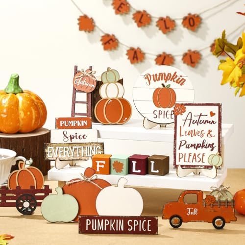 Maitys 21pcs Fall Tiered Tray Decor Set, Hello Fall Thanksgiving Pumpkin Wooden Signs Gnome Truck Wood Maple Leaf Garland Rustic Farmhouse Table Centerpieces for Autumn Thanksgiving Kitchen Home Decor - Image 5