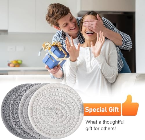 OIAHOMY 8 Pcs Coasters with Holder for Beer, Coffee, Woven Cotton Coaster Set for Table Decor for Kitchen, Bar, Dining Room, Living Room, Housewarming Gifts - Grey - Image 5