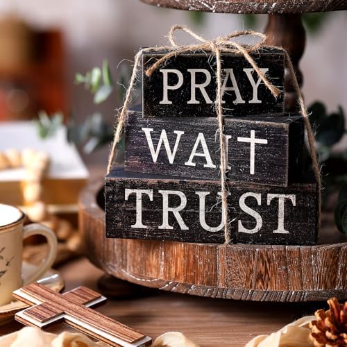 CroBlissful 4 Pcs Farmhouse Wooden Table Decor Christian Tiered Tray Decorations Rustic Religious Gift Block Sign Pray Wait Trust Table Centerpiece for Home Kitchen Living Room Shelf Mantle - Image 2
